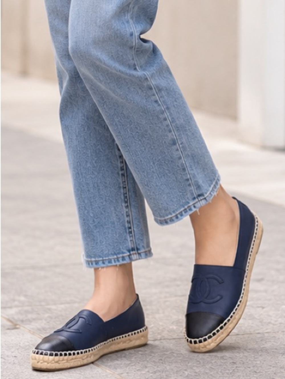 Chanel navy blue and black lambskin leather CC cap-toe espadrilles